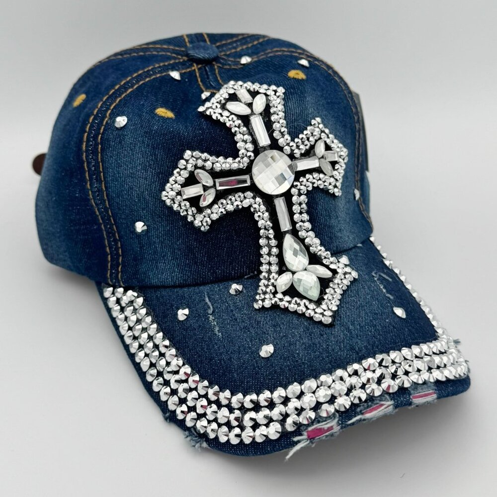 New Dark Blue Denim Crystal Rhinestone Cross Iconic Baseball Cap Hat Cowgirl